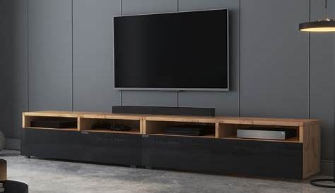 Meuble TV bas EMU 162 cm avec étagères (noir mat et chêne