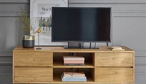 Meuble TV rustique 140 cm avec roulettes à 2 tiroirs et 2