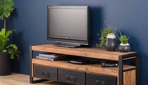 Meuble Tv acier noir et bois 6 tiroirs