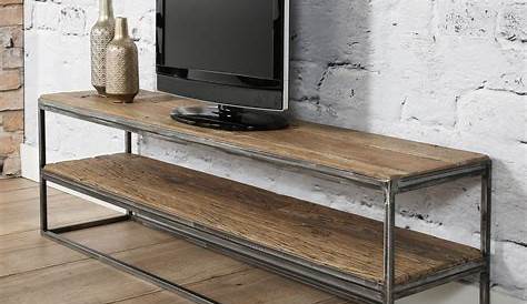 Meuble TV 180 cm avec double plateau en bois brut et métal