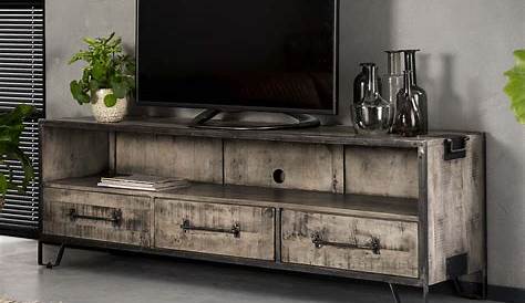 Meuble TV bois vieilli gris 4 tiroirs 120 cm EDOUARD L 120