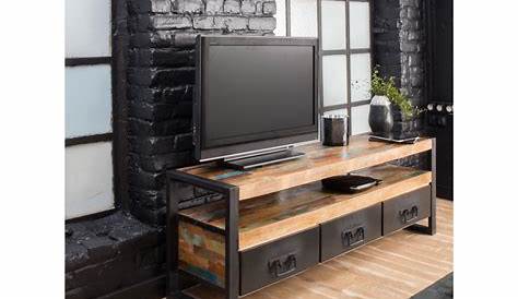 Meuble TV 140 cm ETHNICA coloris gris/noir, pieds en métal