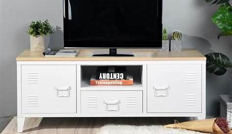 Meuble TV design métallique blanc 140cm porte grillage