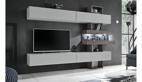Meuble tv mural blanc laque design avec led