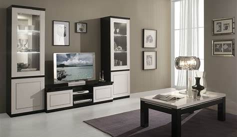 Meuble Tv Noir Et Blanc Verre ELIO TV LED Contemporain Brillant