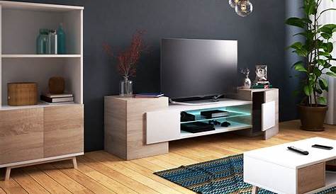 Meuble Tv Salon Moderne TV Blanc Et Bois 169 Cm Pour