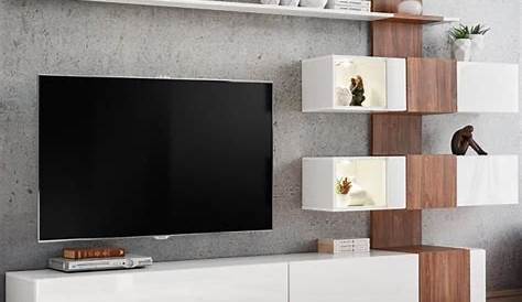 Mur tv blanc et bois, meuble tv suspendu blanc et bois