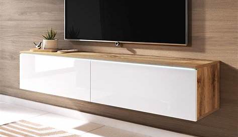 Mur tv blanc et bois, meuble tv suspendu blanc et bois