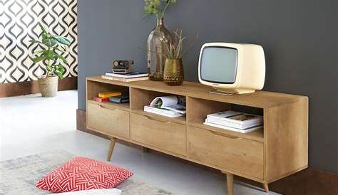 Meuble TV vintage en bois massif manguier avec 7 tiroirs