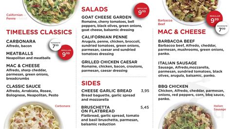 mia pasta menu