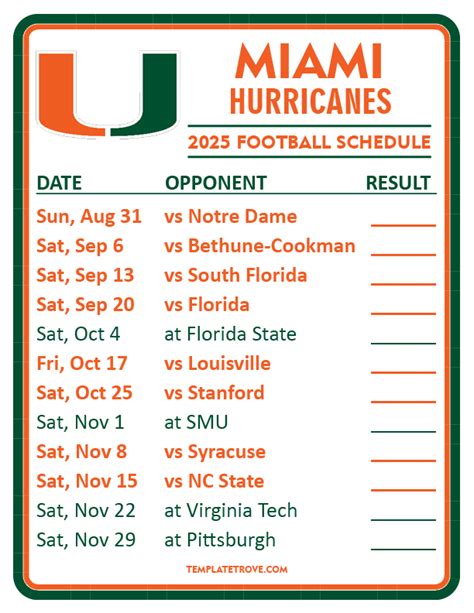 Miami Hurricanes Schedule Printable