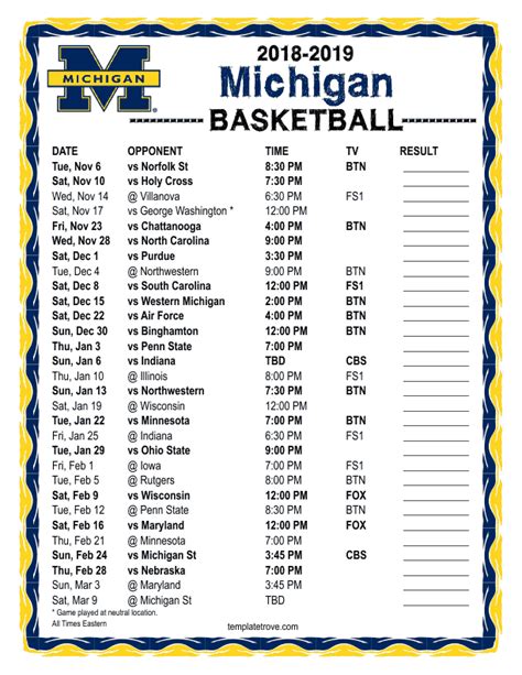 michigan basketball schedule printable
