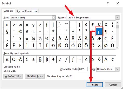micro symbol in excel