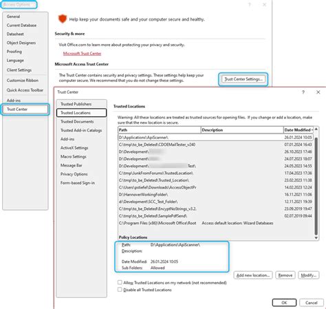 Microsoft Access 2016 Application Settings Security Trust Center Trusted Locations