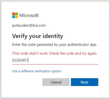 microsoft authenticator verification code not working