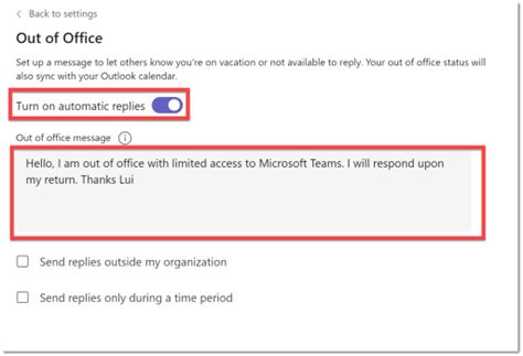 microsoft teams out of office message