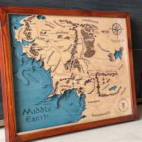 Wooden Middle Earth Map Engraved into Wood, Lord of the Rings map