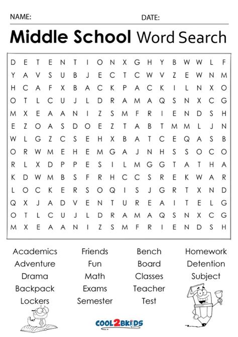 Middle School Word Search Free Printable