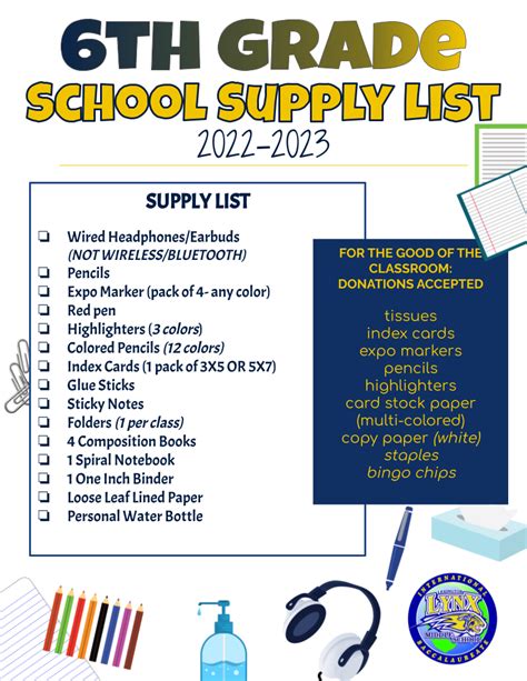 middle school supply list 6th grade