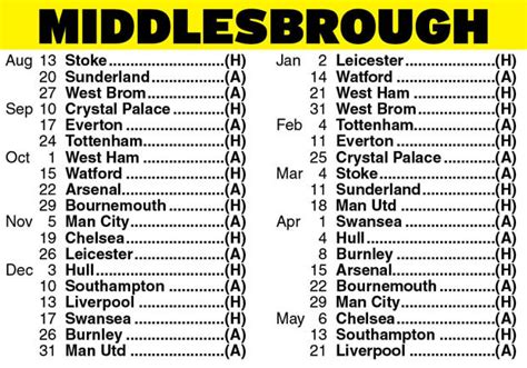 middlesbrough fixtures