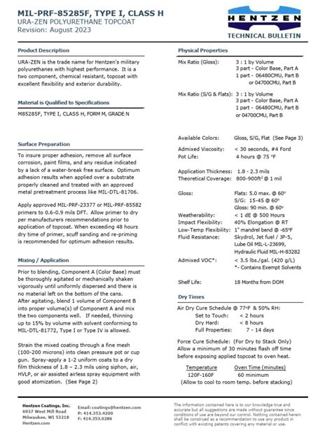 Mil-Prf-85285 Type 1 Class H Technical Data Sheet