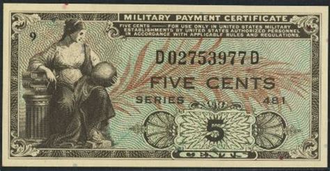 Series 481 5 Cent Military Payment Certificate Au
