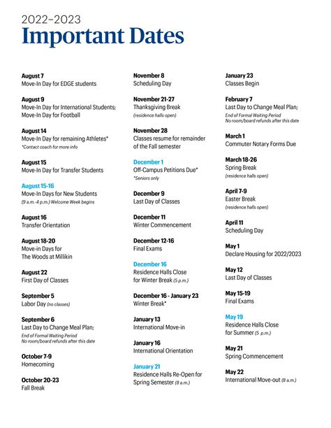 millikin university school calendar