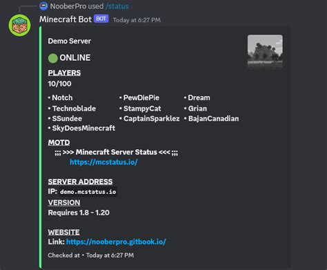 Minecraft Server Status Discord Bot Commands