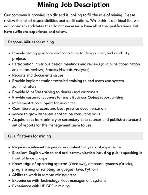 Mining Workshop Supervisor Job Description