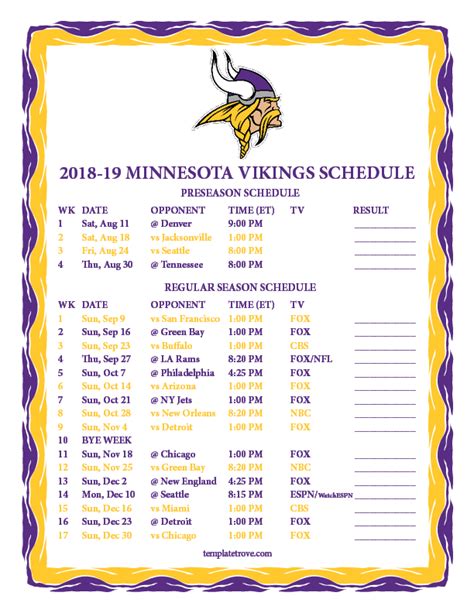 minnesota vikings football schedule printable