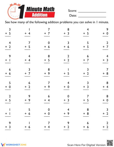 Minute Math Addition Printable