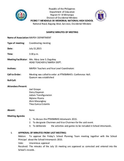 minutes of the meeting sample deped