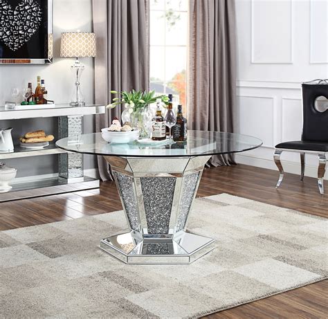 Acme Noralie Dining Table in Mirrored, Faux Diamonds and Clear Glass