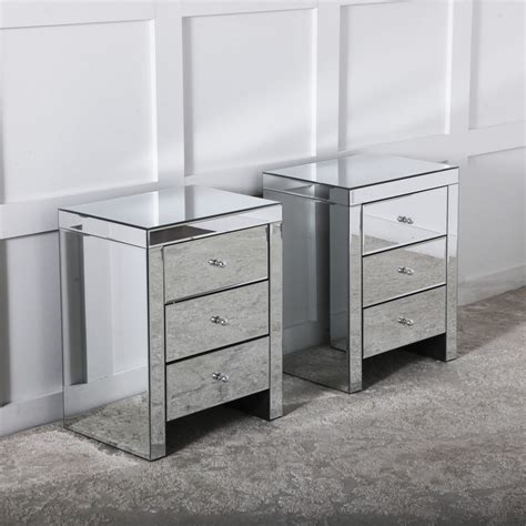 Mirrored Bedside Table 3 Drawer