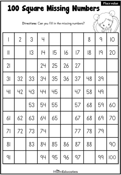 Missing Number 100 Square Printable Tes