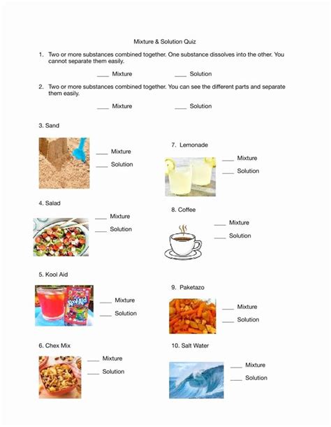 mixtures and solutions worksheet grade 7