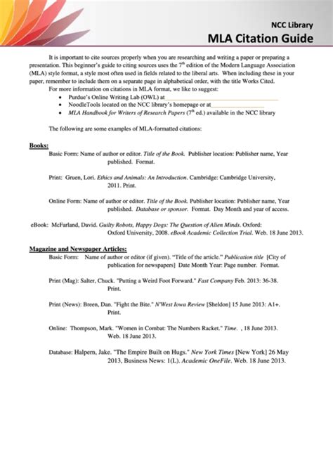 Mla Citation Printable Guide