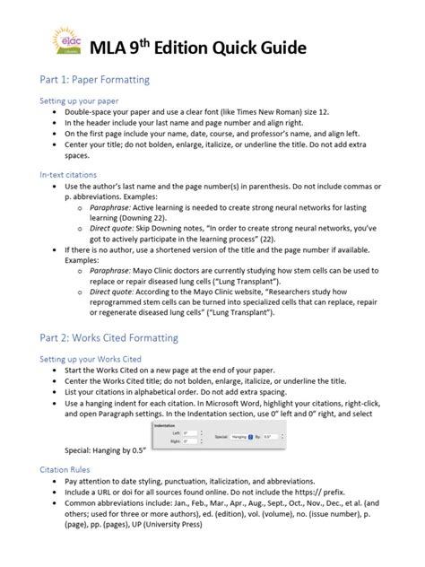Mla Style Guide Printable 9Th Grade