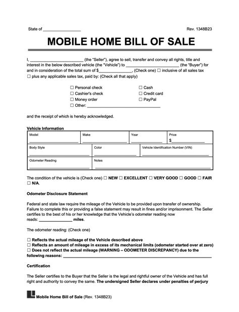 Free Vermont Manufactured (Mobile) Home Bill of Sale Form PDF Word
