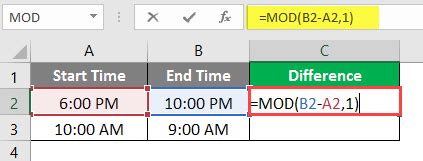 mod formula for time difference in excel