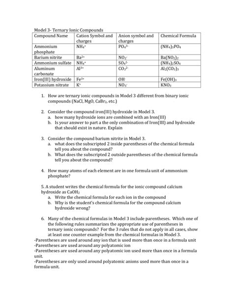Model 3 Ternary Ionic Compounds Answer Key