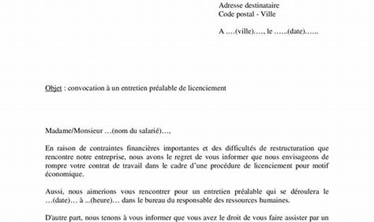 Modèle de lettre d'entretien préalable au licenciement