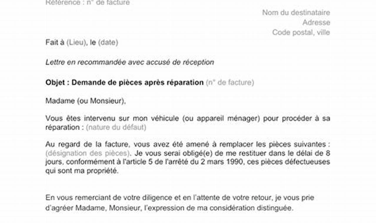 Modèle de lettre pour réclamer un pièce manquante