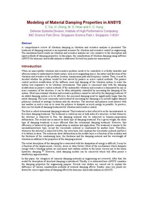 Modeling Of Material Damping Properties In Ansys