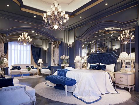 Luxury royal blue bedroom decor with art deco style blue velvet bed