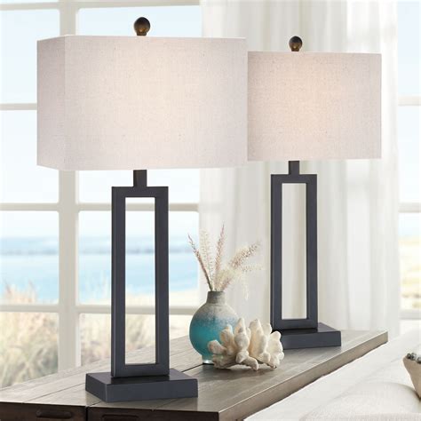 Black rectangular shade table lamp in a living room
