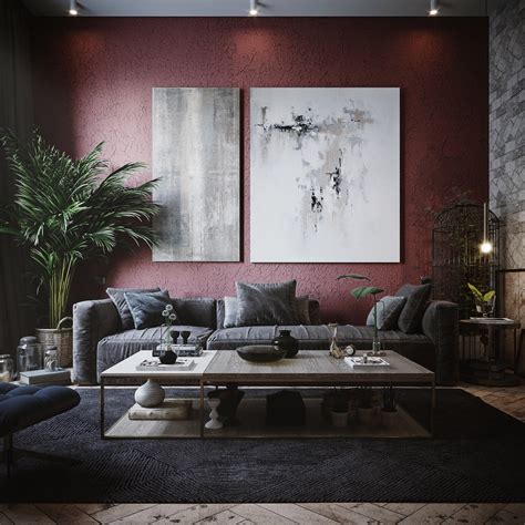 modern grey and burgundy living room