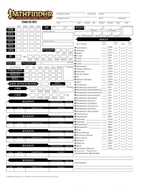 Modified Character Sheet Pathfinder Printable