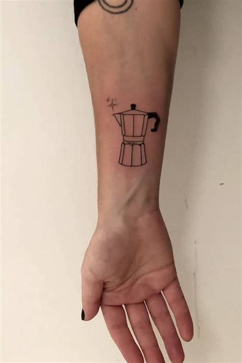 Moka pot tattoo placed on the forearm, illustrative