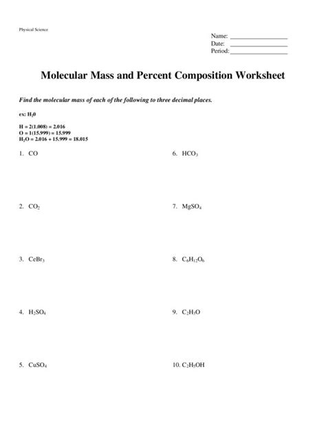 molar mass and percent composition worksheet answers